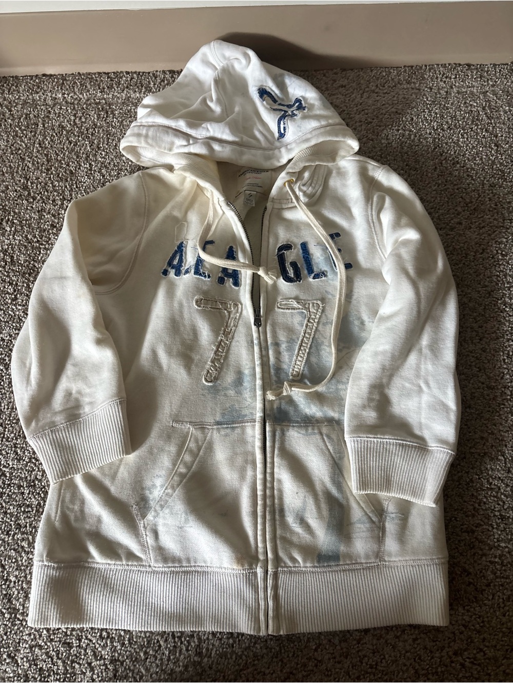 American Eagle Outfitters Kids Cream Hooded Zip-Up Jacket with Blue Logo